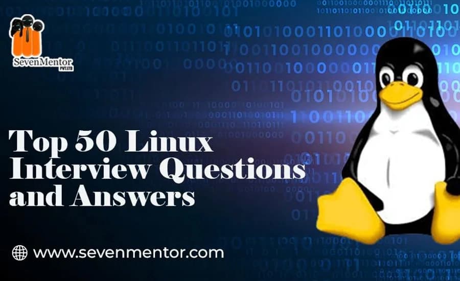 A graphic listing the top 50 Linux interview questions and answers, designed for job seekers in the tech industry.