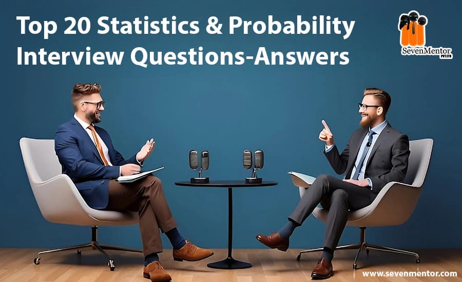 An infographic featuring the top 20 interview questions and answers related to statistics and probability.
