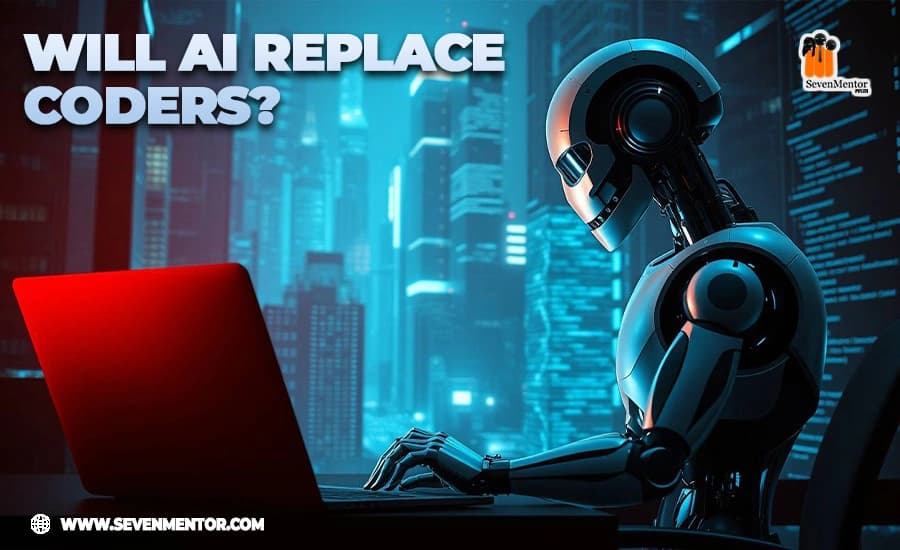 A thought-provoking image questioning if AI will replace human coders in the tech industry.
